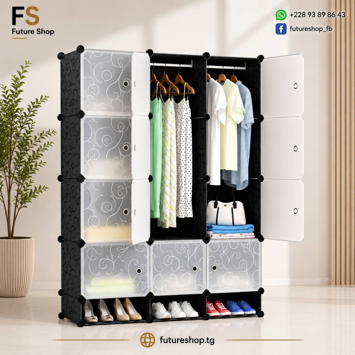 ARMOIRE BOX PLASTIQUE MODULABLE 3 BATTANTS 12 CASES
