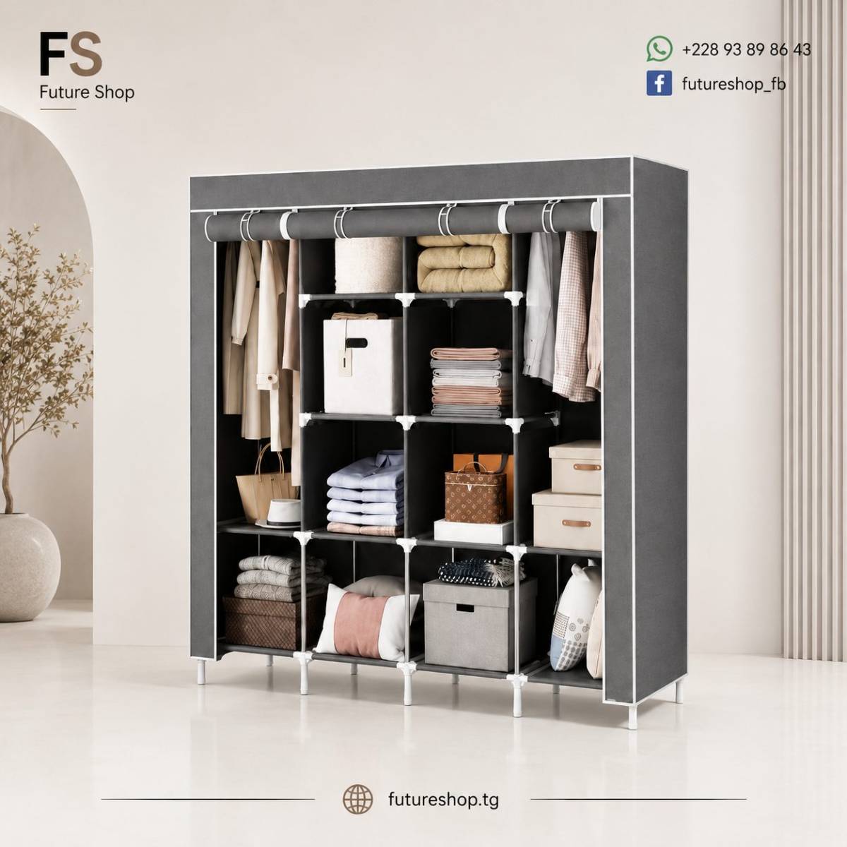 ARMOIRE EN TISSU GRANDE CAPACITÉ AVEC ÉTAGÈRES ET PENDERIE 4 BATTANTS