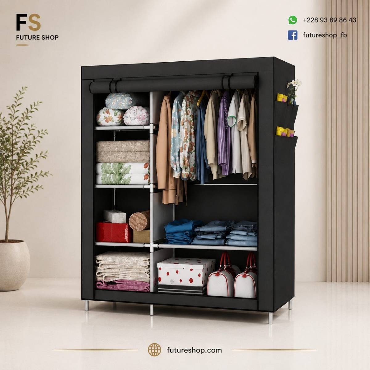 ARMOIRE EN TISSU COMPACTE AVEC PENDERIE ET ÉTAGÈRES DE RANGEMENT