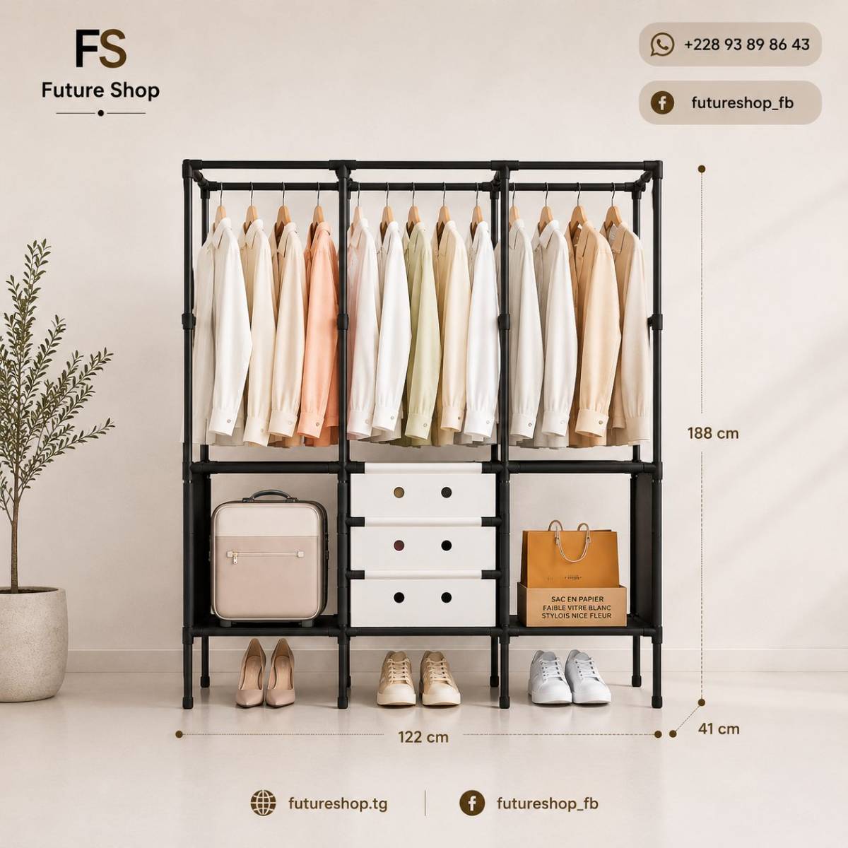 Porte-Manteau et Chaussures en Plastique 3 Battants avec Tiroirs de Rangement