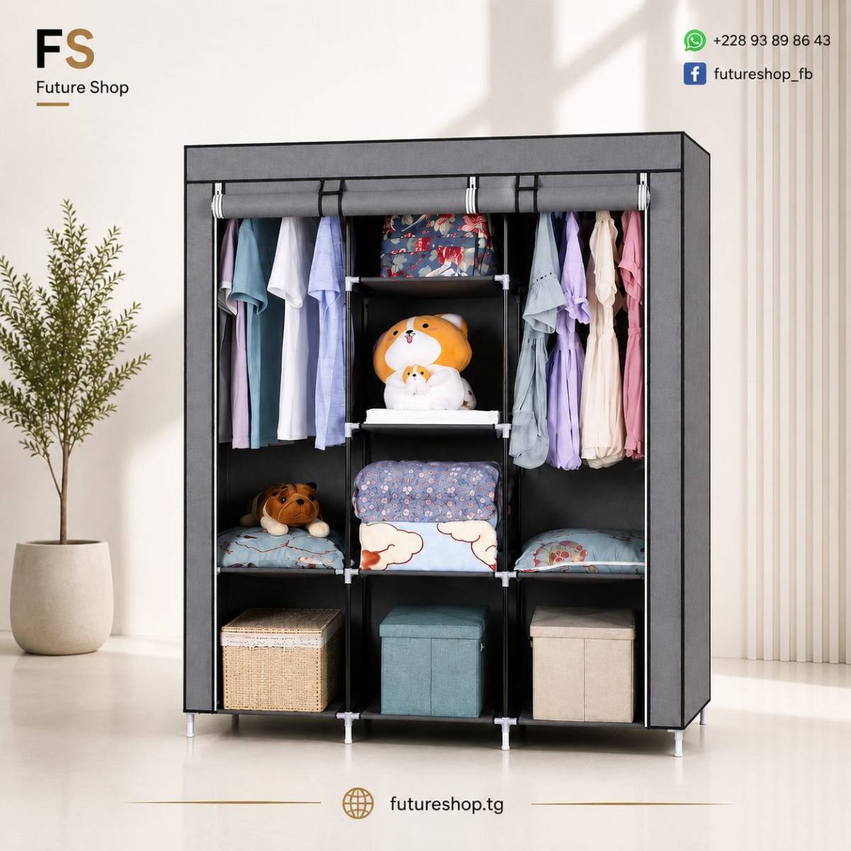 ARMOIRE EN TISSU GRANDE CAPACITÉ AVEC PENDERIE ET ÉTAGÈRES -3 Battants