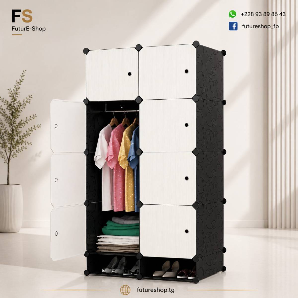 ARMOIRE BOX PLASTIQUE MODULABLE 8 CASES AVEC PENDERIE- 2 battants