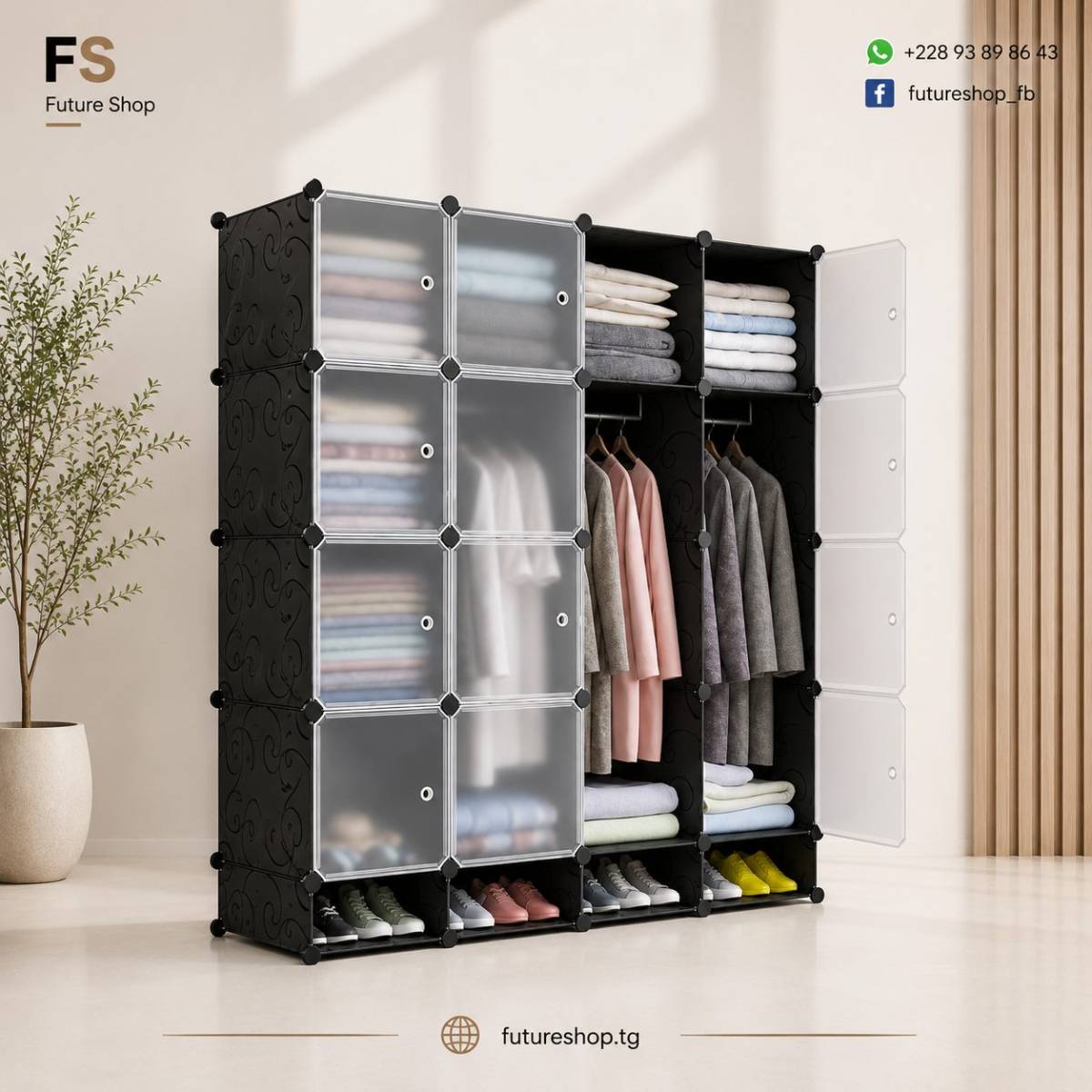 ARMOIRE BOX PLASTIQUE MODULABLE DE RANGEMENT - 4 BATTANTS