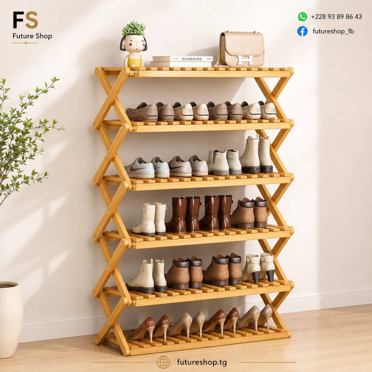 Étagère à Chaussures en Bois Pliable 6 Niveaux – Grande Capacité