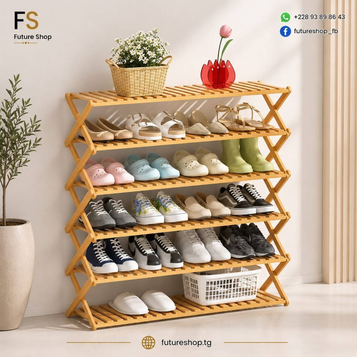 Étagère à Chaussures en Bois Pliable 6 Niveaux – Grande Capacité