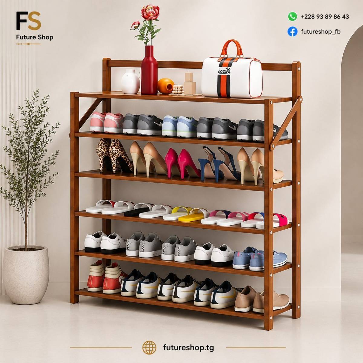 Étagère à Chaussures en Bois 6 Niveaux – Grande Capacité