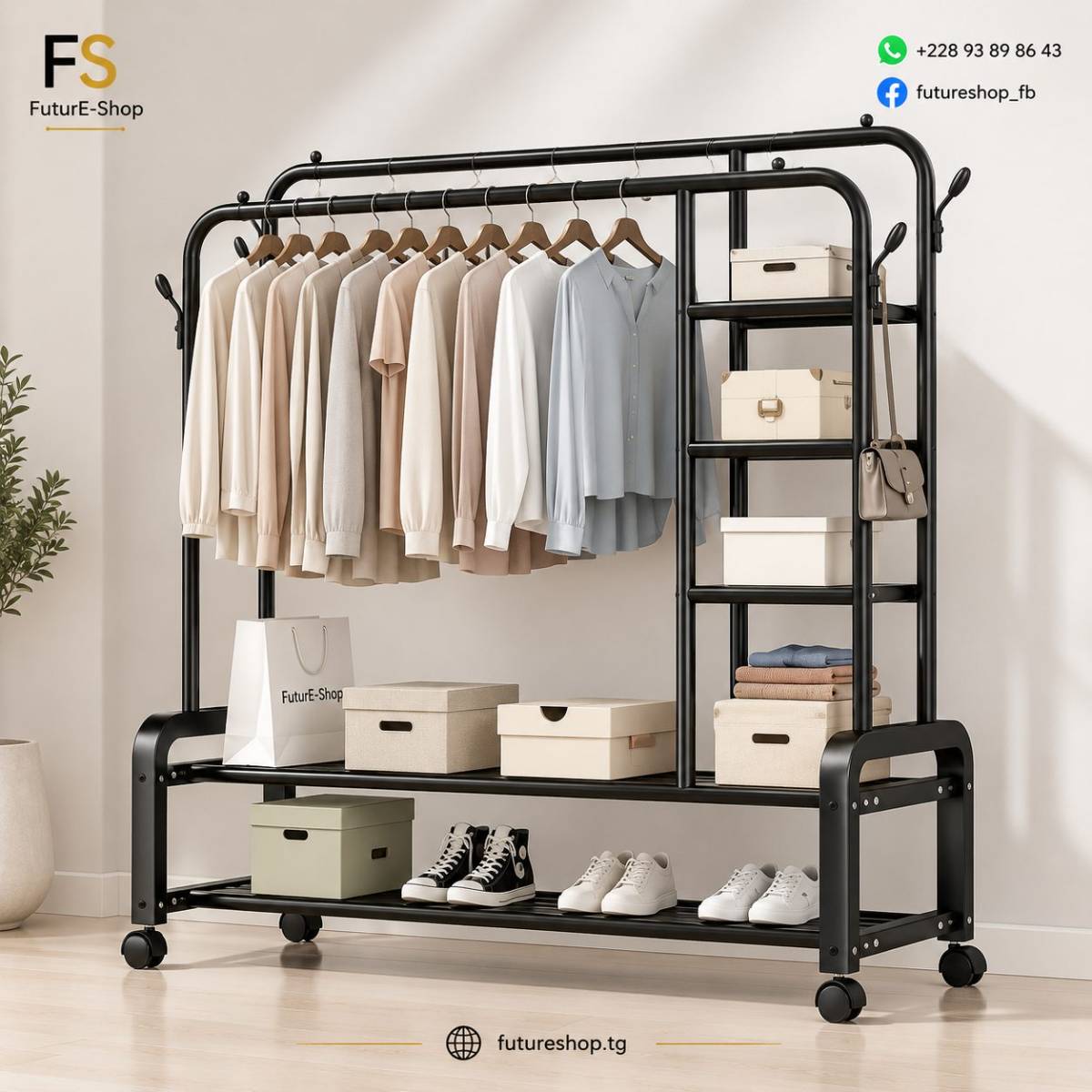 Penderie Double Pôles en Fer avec Étagères de Rangement – Structure Métallique Multi-Usage
