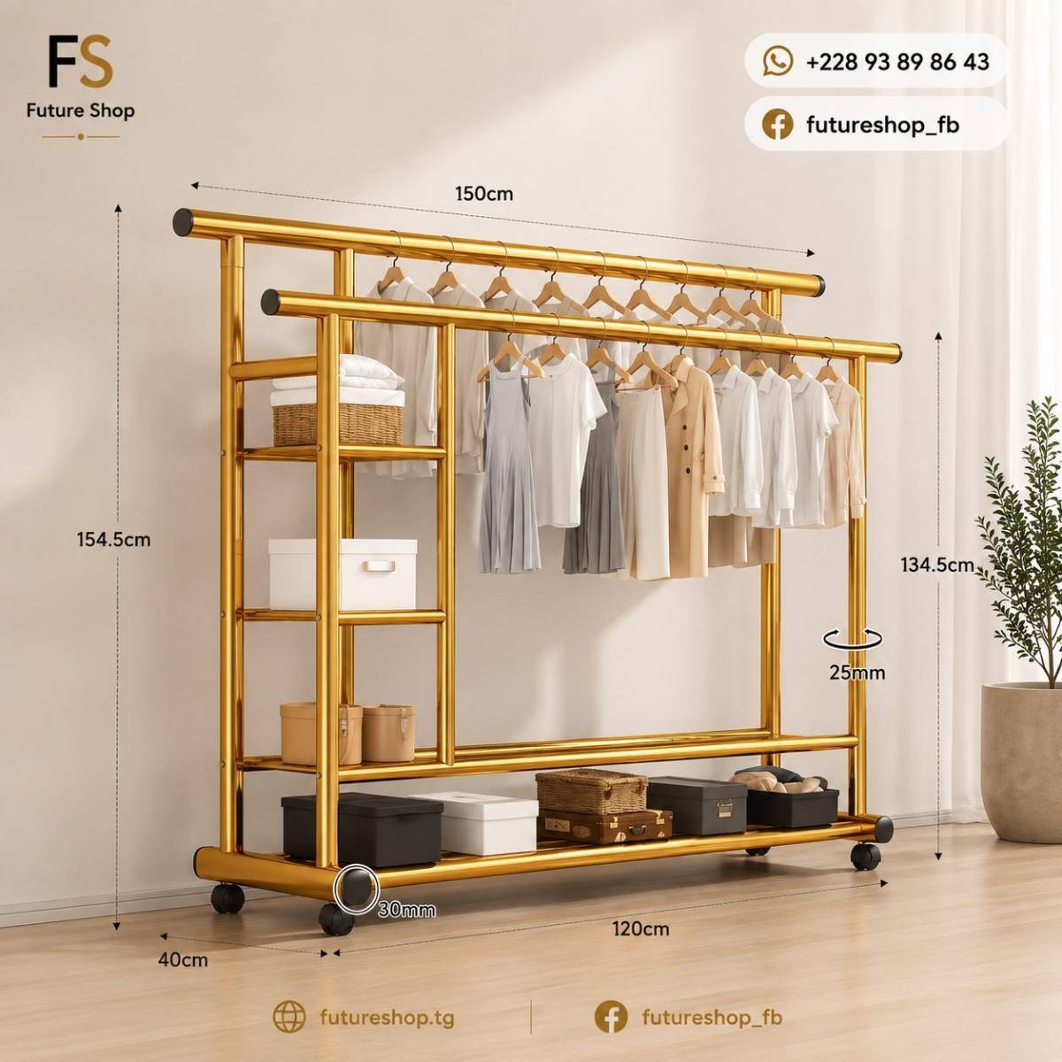 Portant Luxe Multifonction à Double Barre avec Rangements Intégrés
