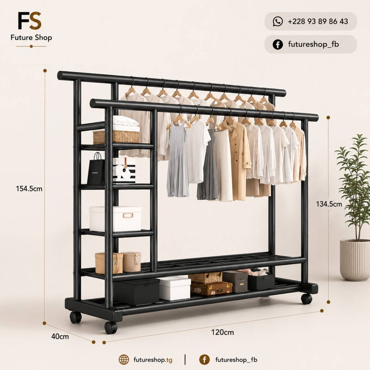 Portant Luxe Multifonction à Double Barre avec Rangements Intégrés