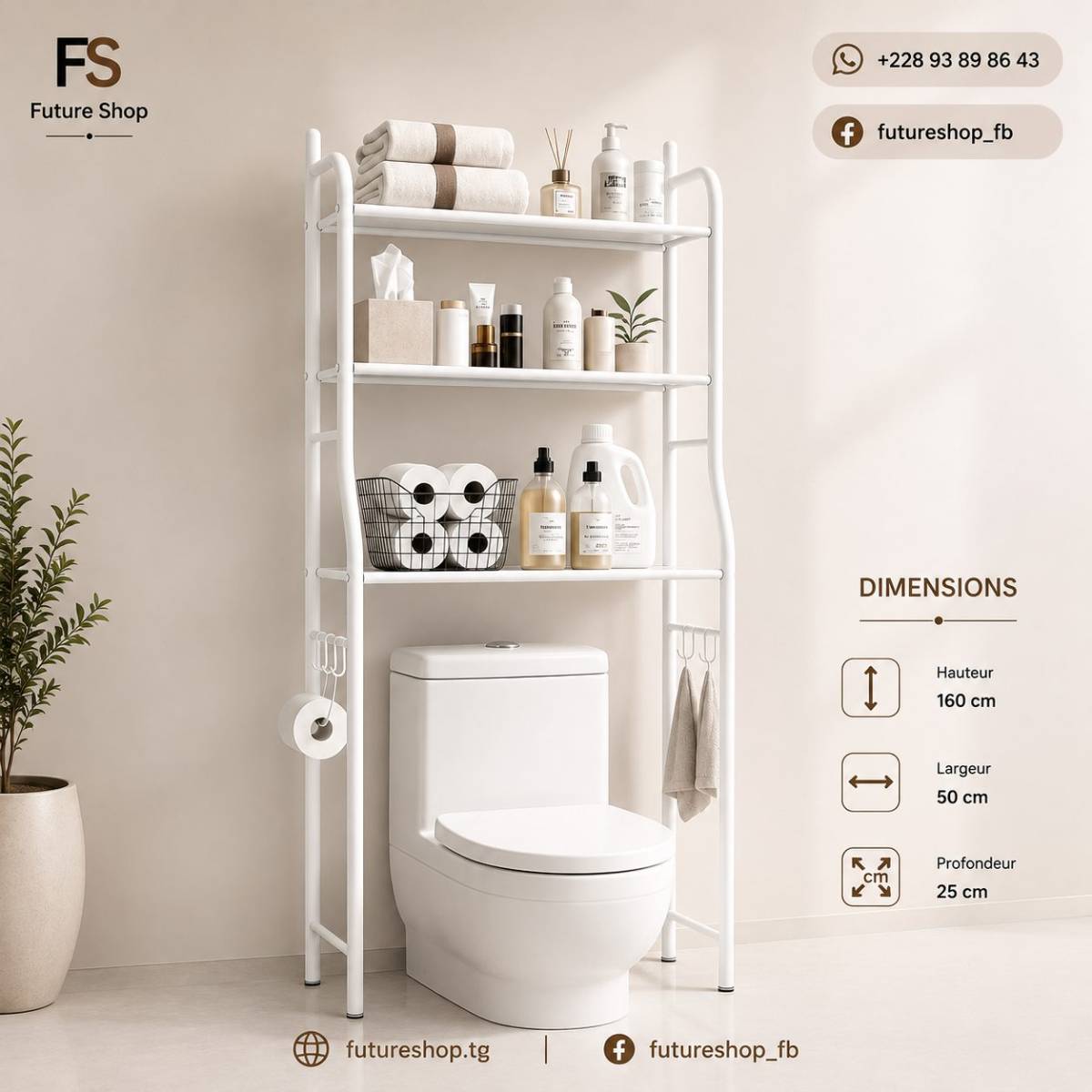 Étagère de Douche Multifonction Blanche avec Rangement au-dessus des Toilettes