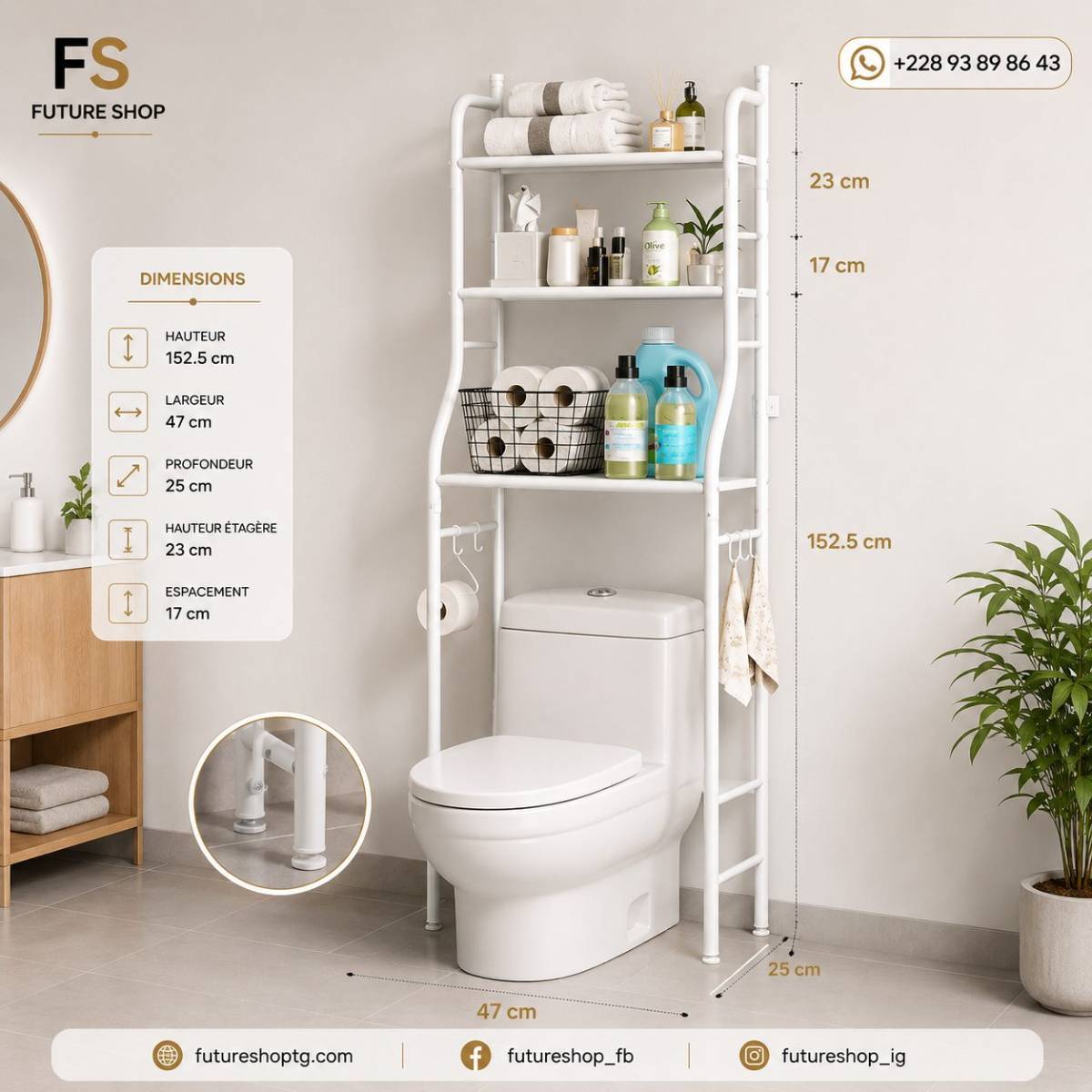 Étagère de Douche Multifonction Blanche avec Rangement au-dessus des Toilettes