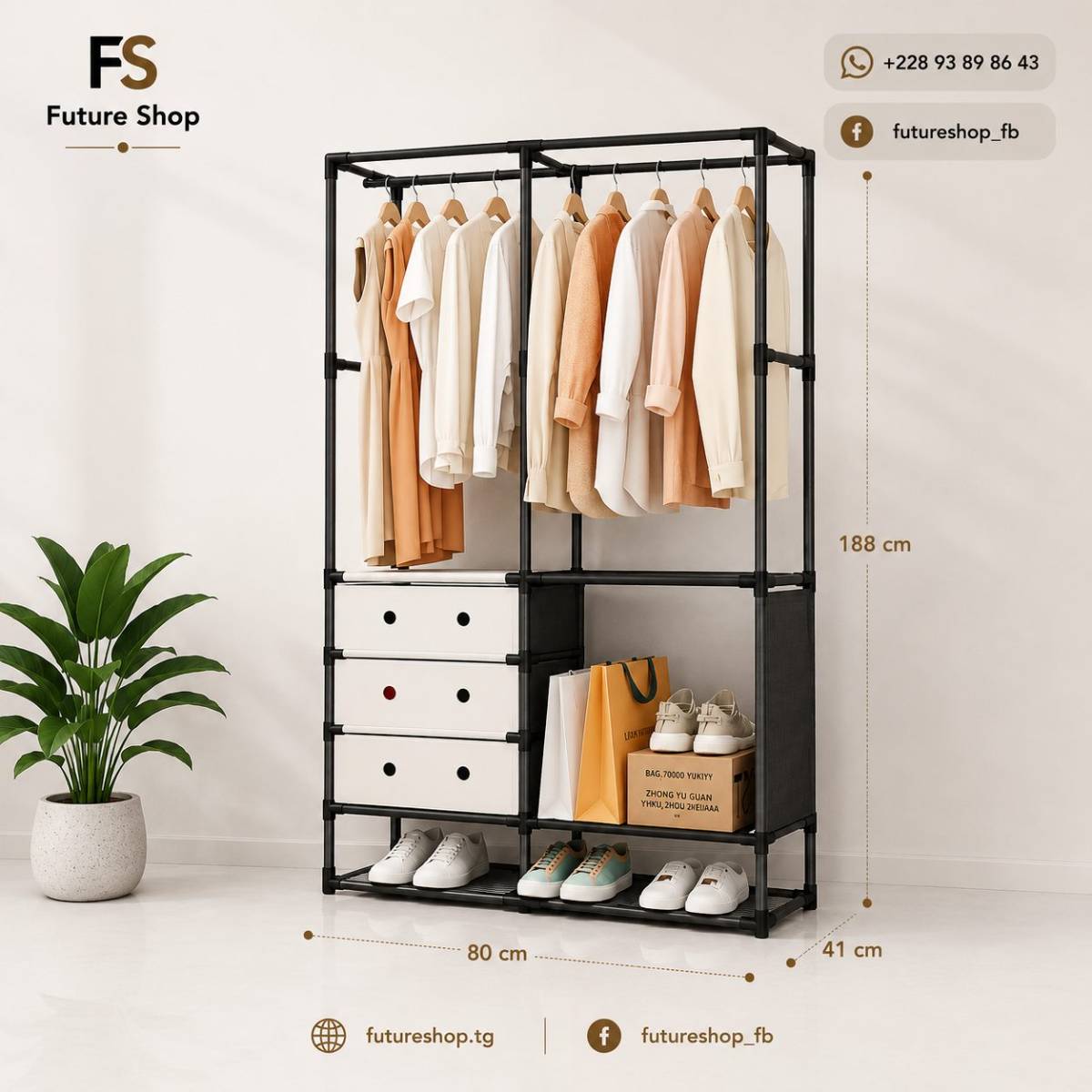 Porte-Manteau et Range-Chaussures en Plastique avec 2 Battants et Tiroirs de Rangement