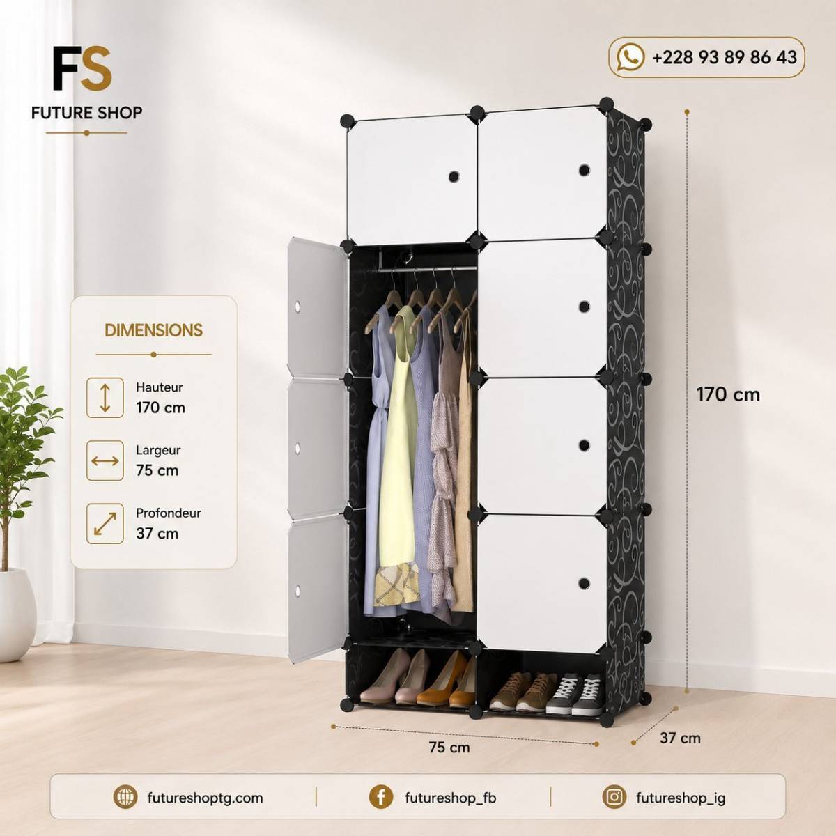 ARMOIRE BOX PLASTIQUE MODULABLE 8 CASES AVEC PENDERIE- 2 battants