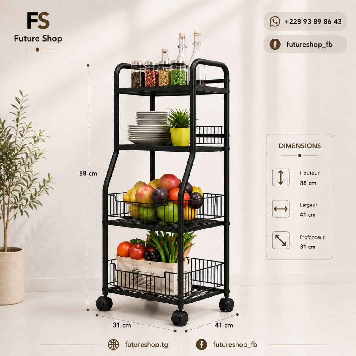 Étagère de Rangement Métallique à 4 Niveaux avec Roulettes Pivotantes