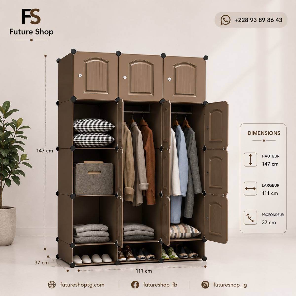 Armoire Modulable Élégante de Rangement – Grande Capacité avec Penderie et Étagères