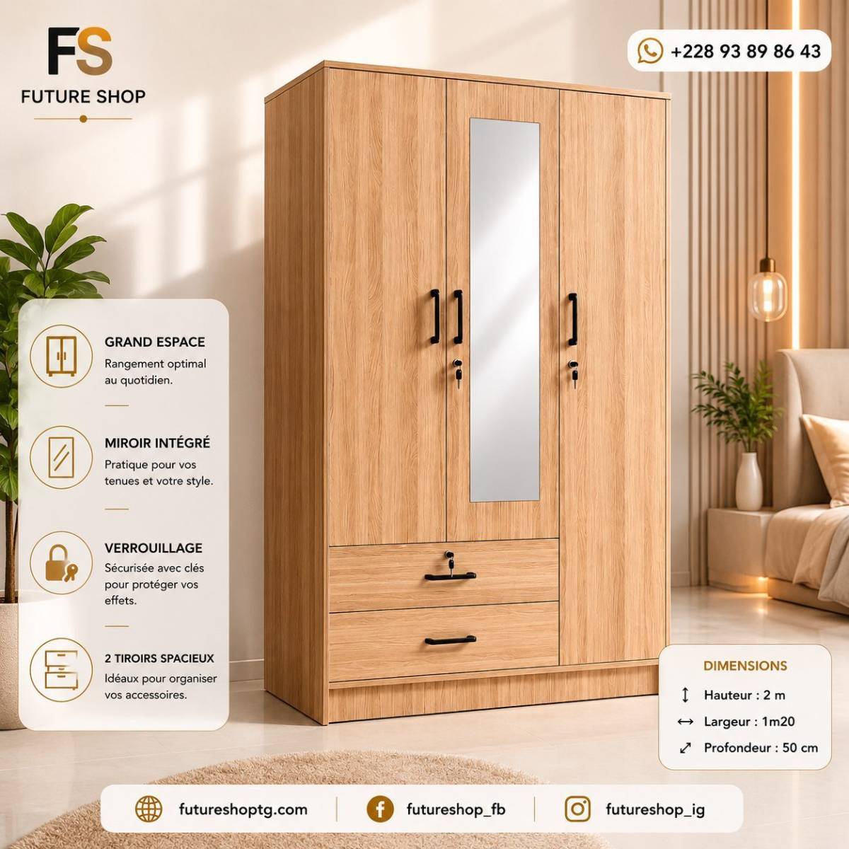 Armoire 3 Battants avec Miroir Central, Clés et 2 Tiroirs de Rangement