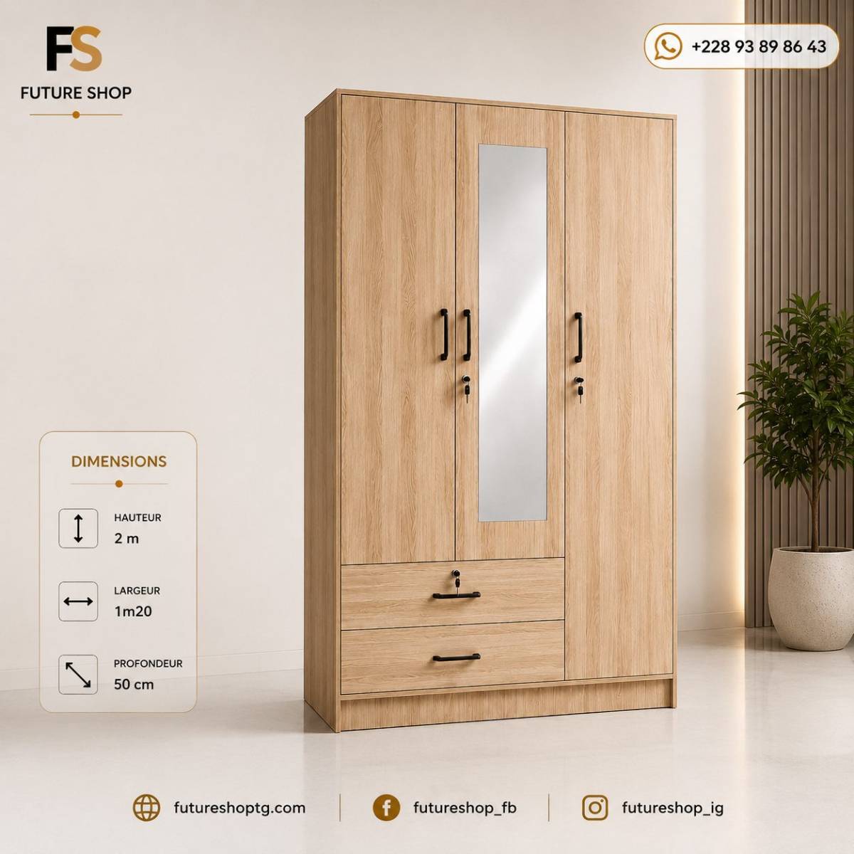 Armoire 3 Battants avec Miroir Central, Clés et 2 Tiroirs de Rangement