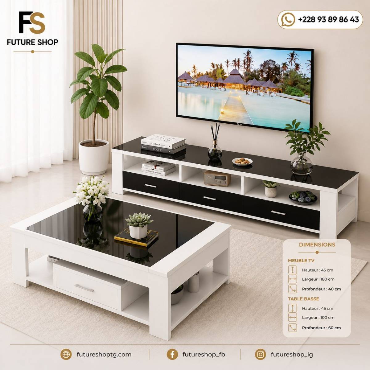 Ensemble Meuble TV & Table Basse avec Plateau Effet Verre – Bois Naturel ou blanc & Noir