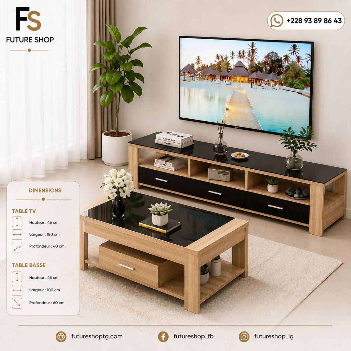 Ensemble Meuble TV & Table Basse avec Plateau Effet Verre – Bois Naturel ou blanc & Noir
