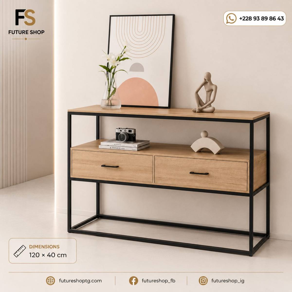Console Moderne Premium Bois & Métal avec Double Tiroir de Rangement