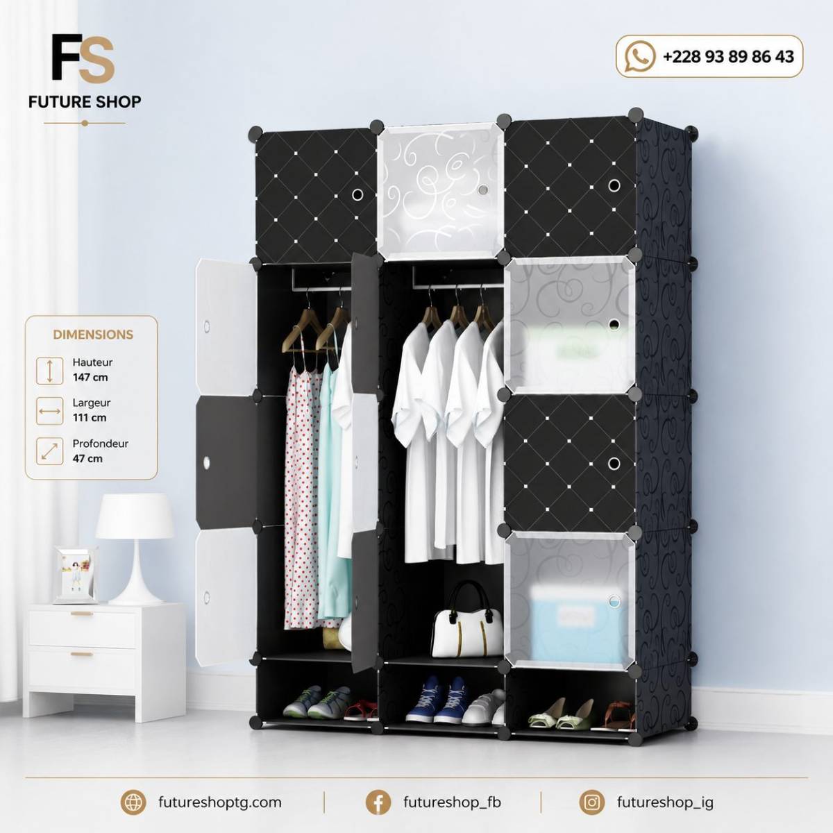 ARMOIRE BOX PLASTIQUE MODULABLE 3 BATTANTS 12 CASES