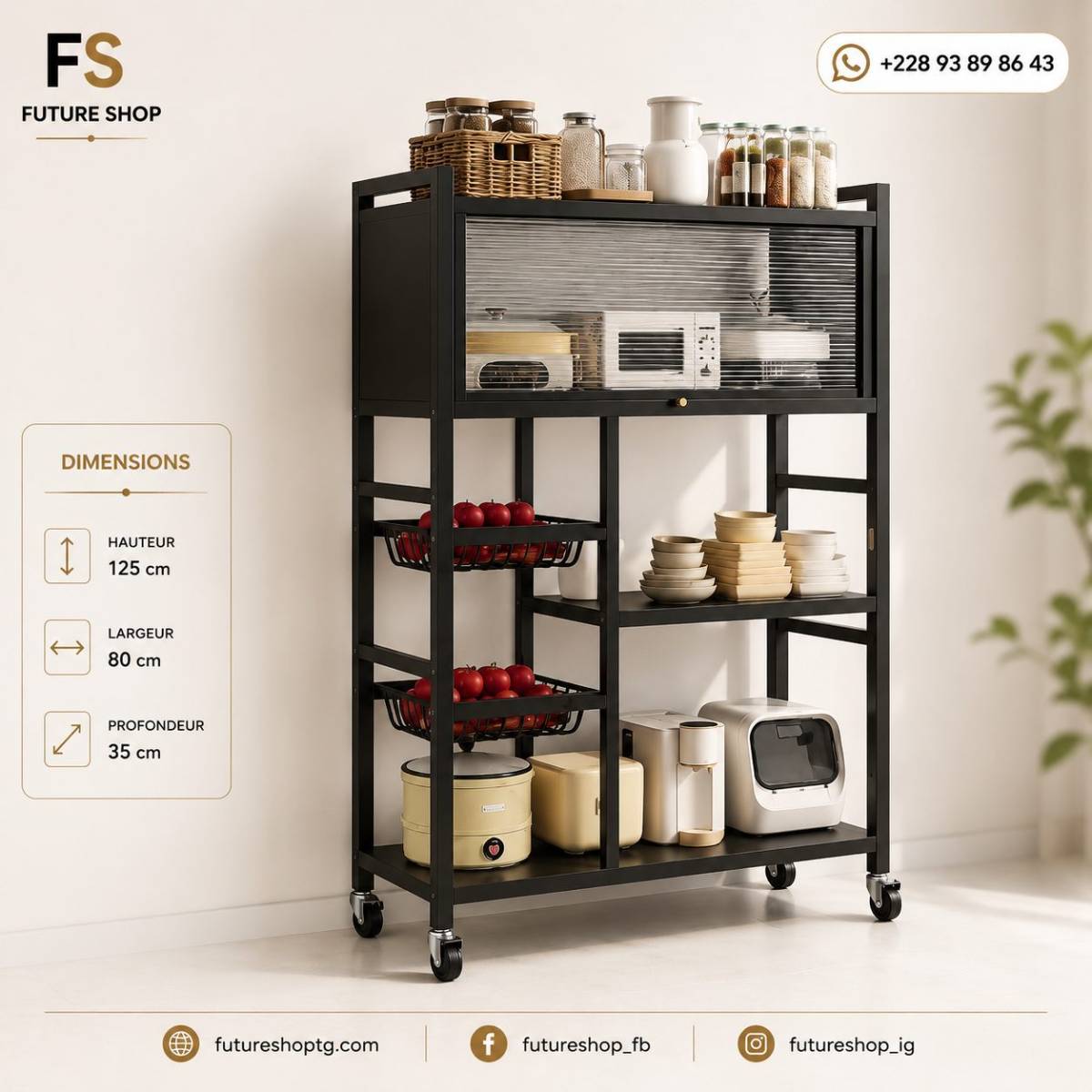Étagère de Rangement Multifonction avec Porte Coulissante et Roulettes