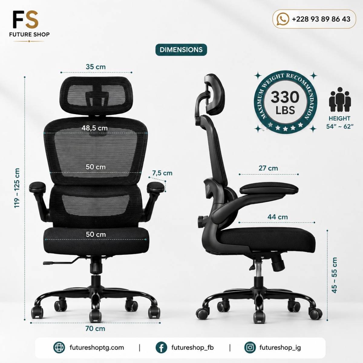 Chaise de Bureau Ergonomique Premium avec Appui-Tête Réglable et Roues 360°