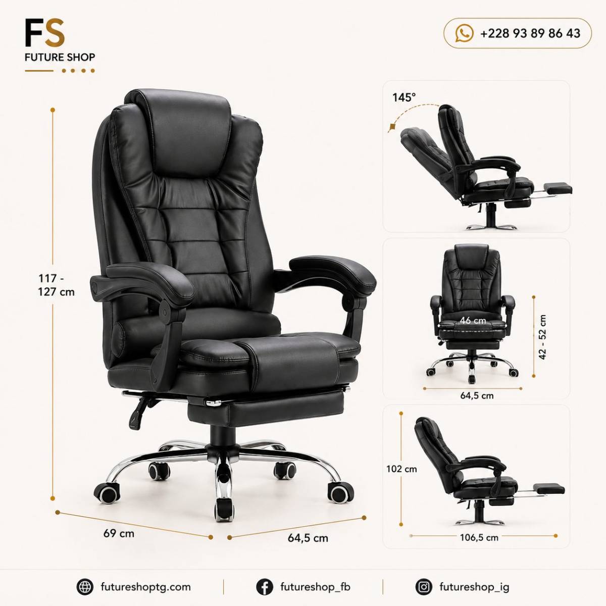 Chaise de Bureau Directeur Inclinable avec Repose-Pieds Rétractable - Revêtement en similicuir