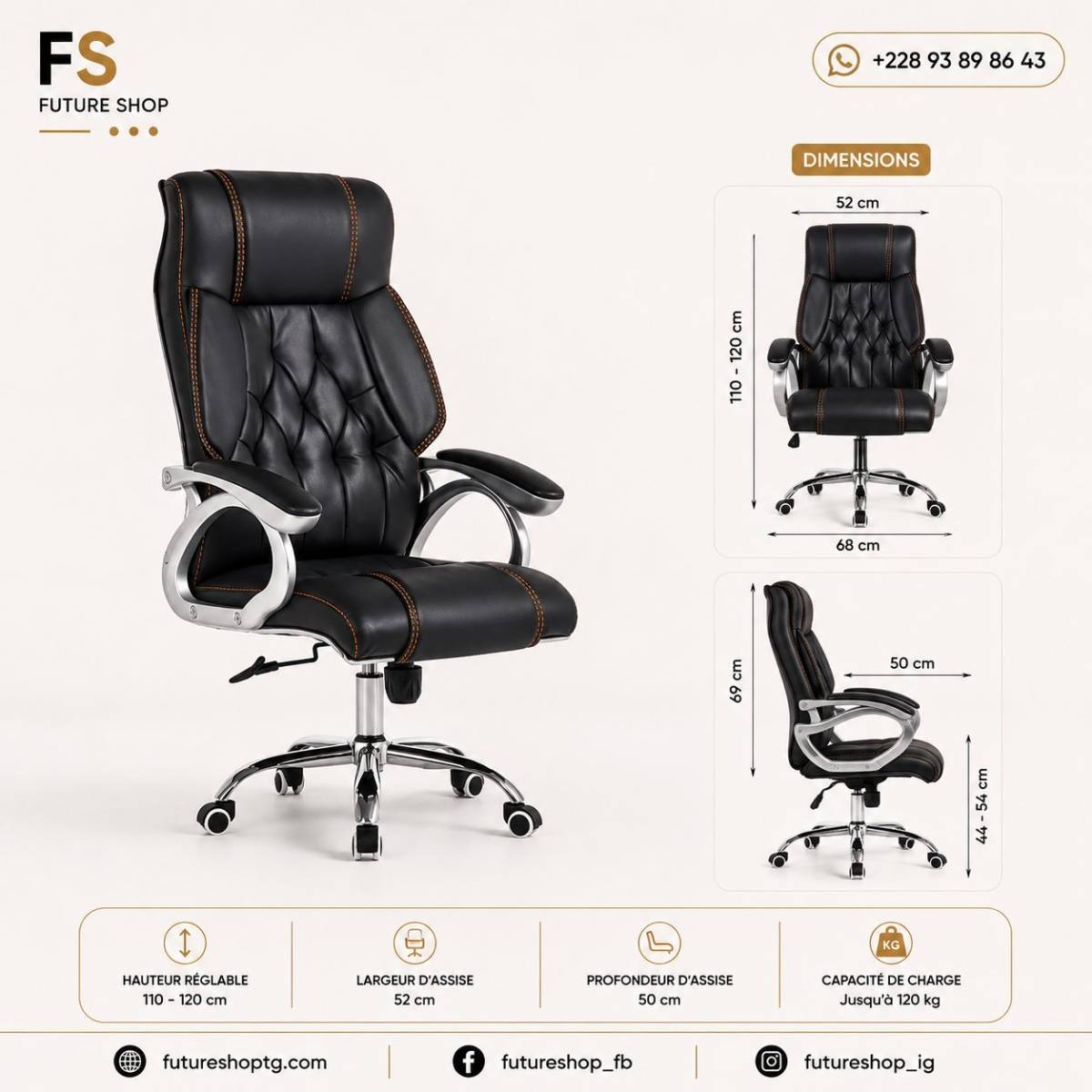 Fauteuil Exécutif Premium en Cuir PU avec Rotation 360° et Hauteur Réglable