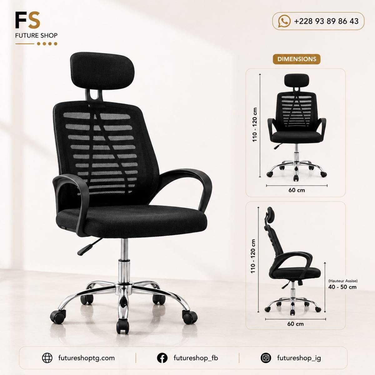 Chaise de Bureau Ergonomique en Maille Respirante avec Appui-Tête Réglable