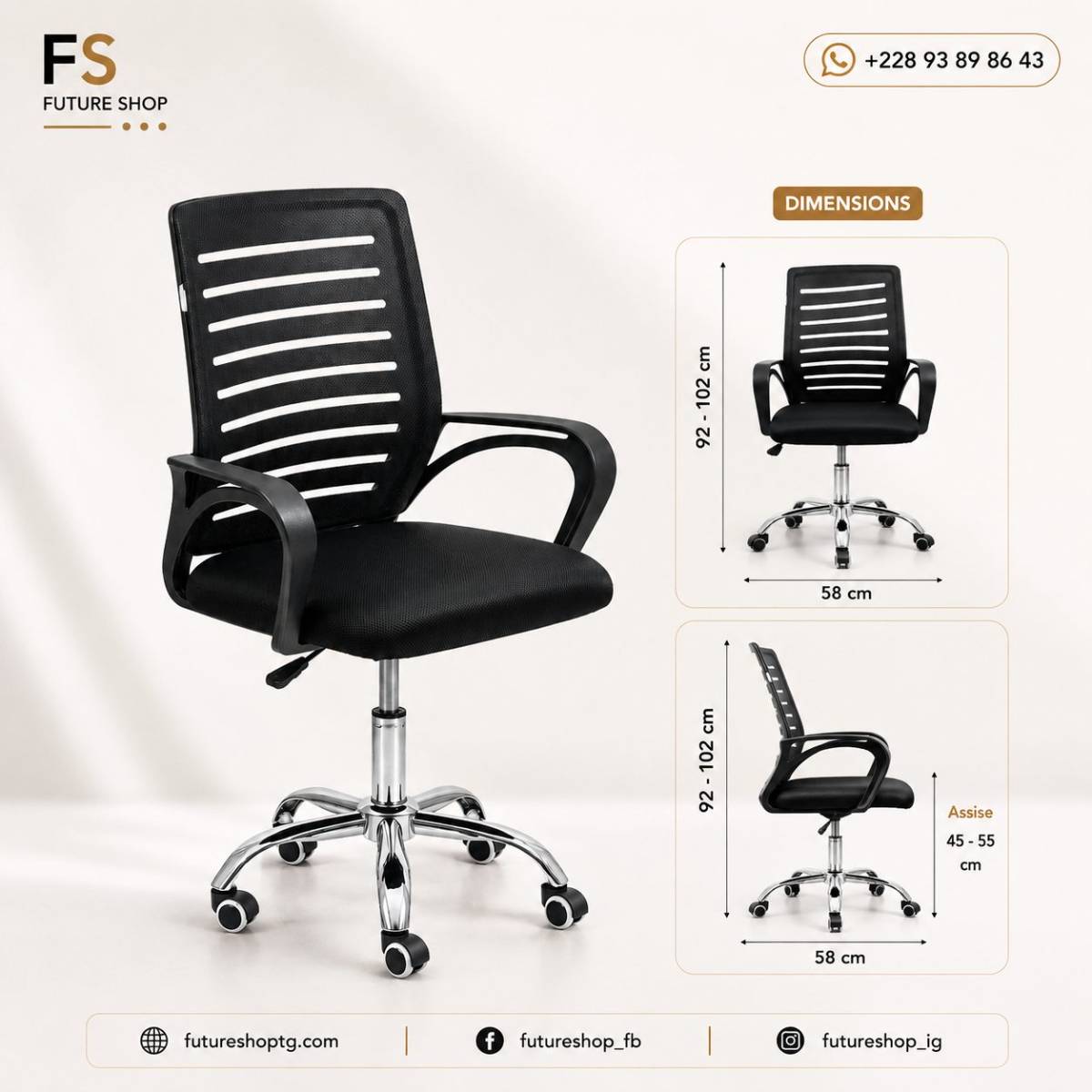 Chaise de Bureau Ergonomique en Maille Respirante – Base Métallique Chromée