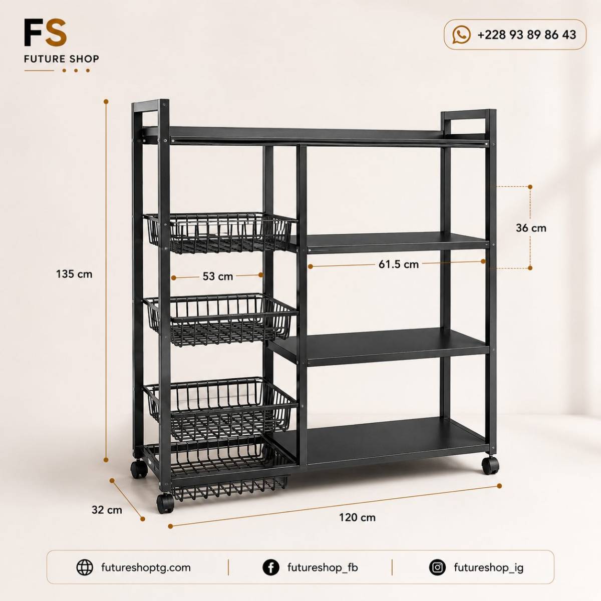 Étagère de Rangement Multifonction à Roulettes avec Paniers