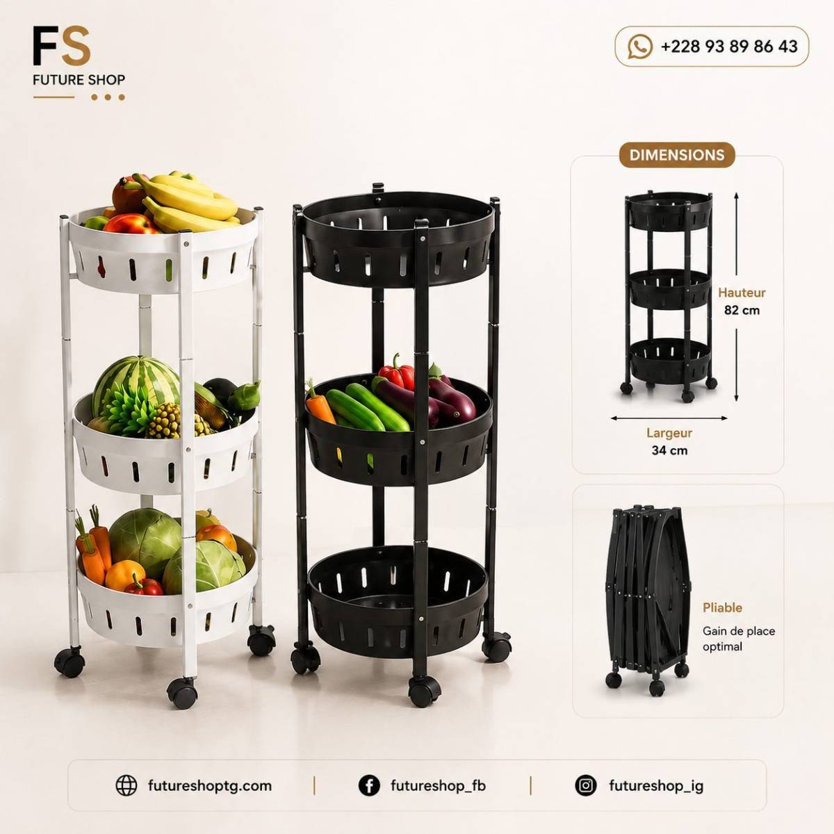 Étagère de Rangement à 3 Paniers Pliables avec Roulettes – Résistante & Mobile