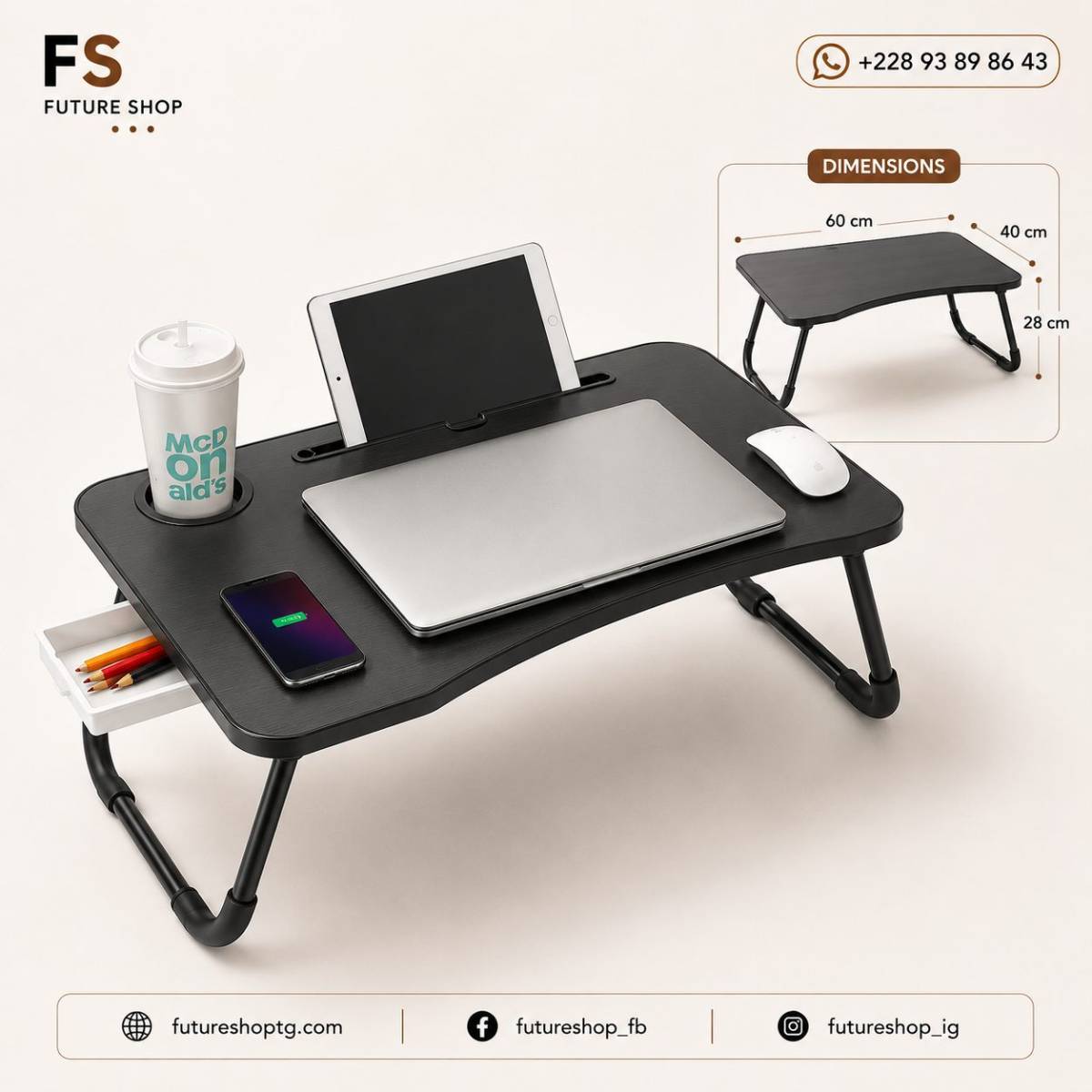 Table de Lit Multifonction Pliable avec Support pour Appareils et Tiroir de Rangement