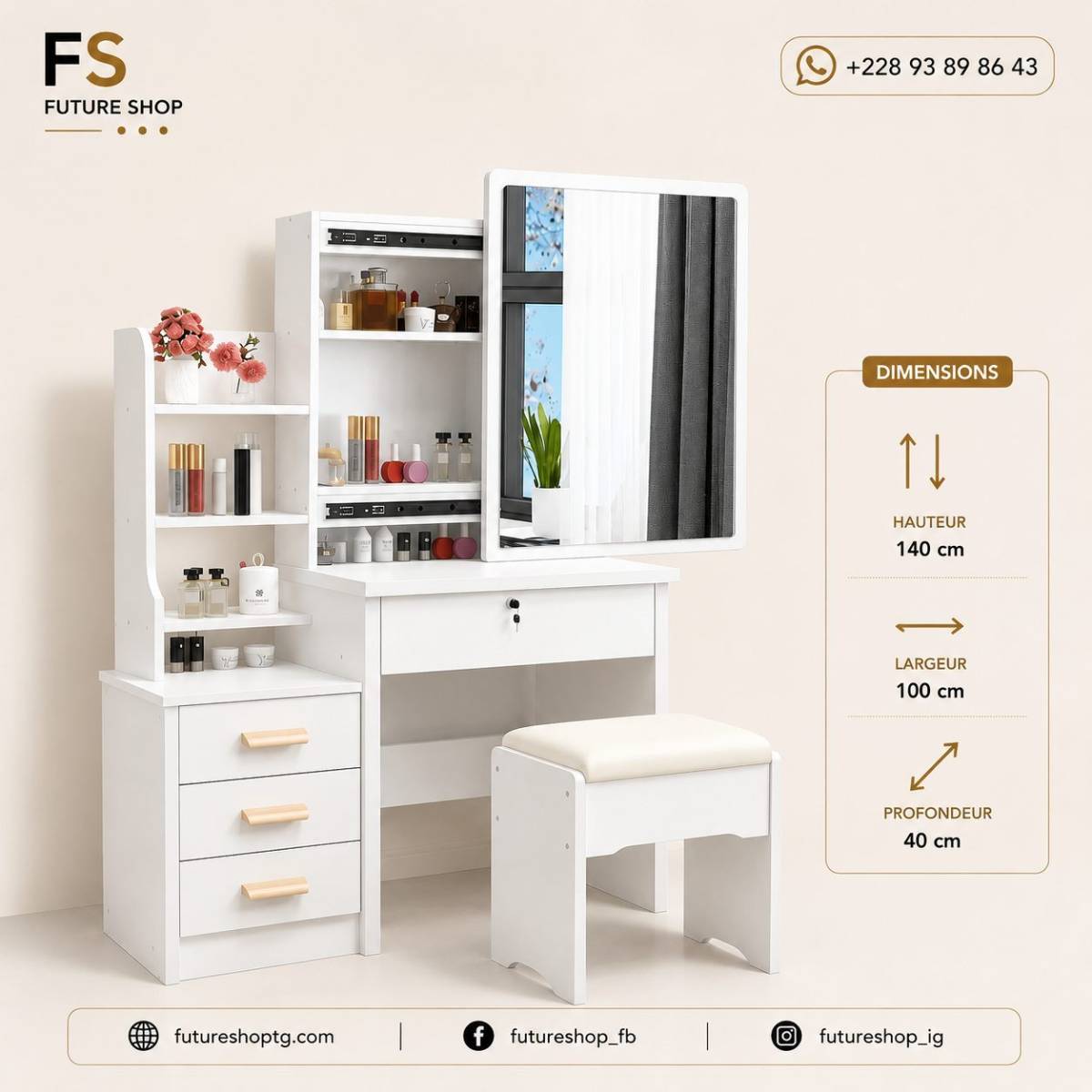Coiffeuse Élégance avec Grand Miroir et Tabouret – Meuble de Rangement Beauté