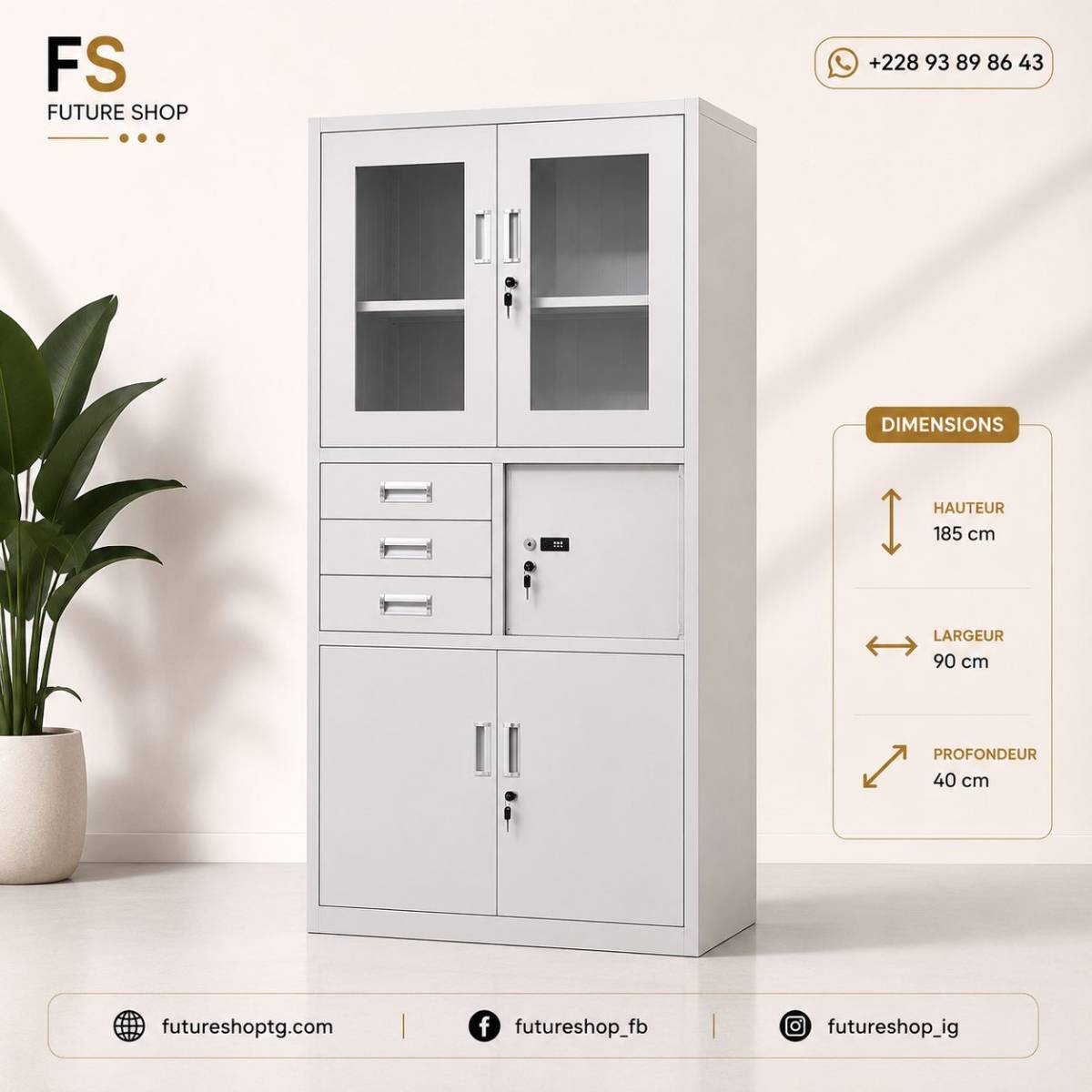 Armoire Métallique de Bureau Sécurisée avec Vitrines et Tiroirs de Rangement