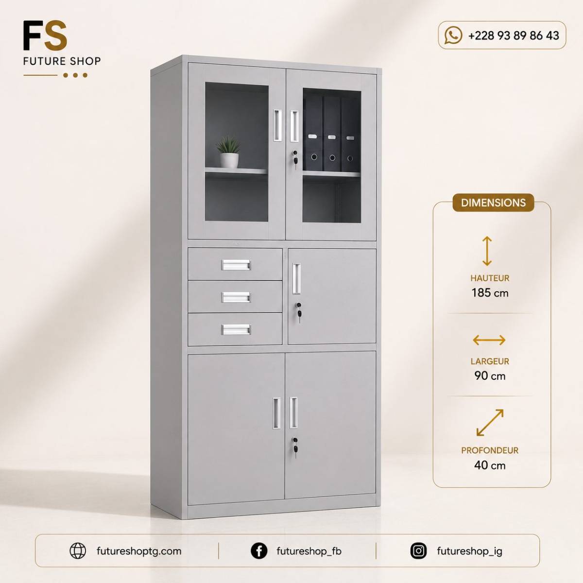 Armoire Métallique de Bureau Sécurisée avec Vitrines et Tiroirs de Rangement