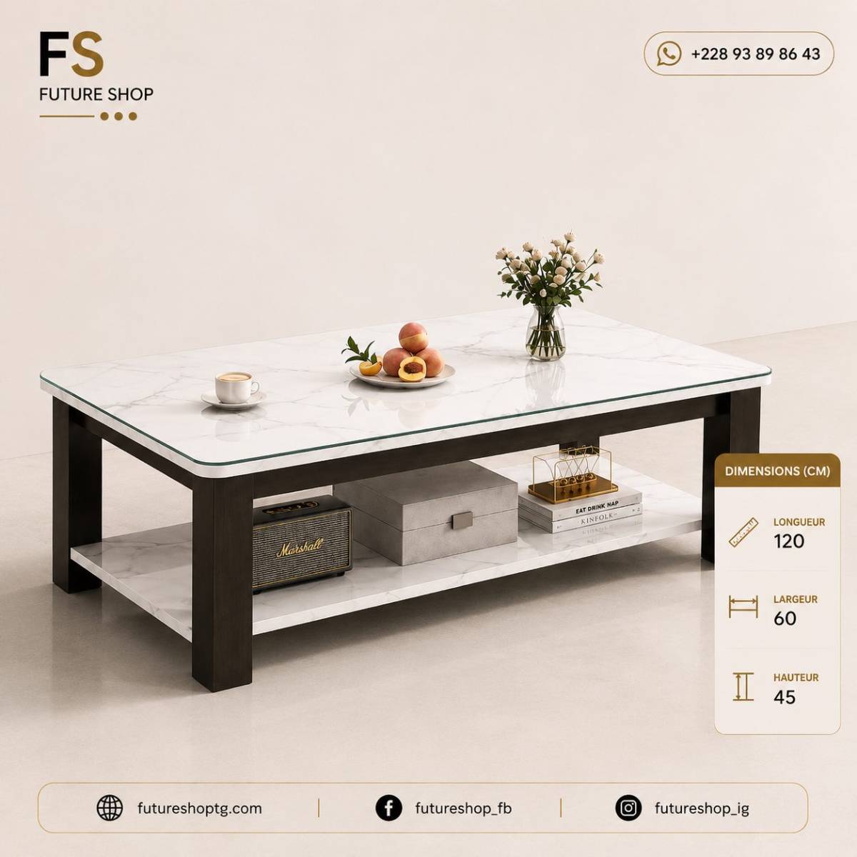 Table Basse Élégance & Harmonie – Plateau Effet Marbre avec Étagère de Rangement