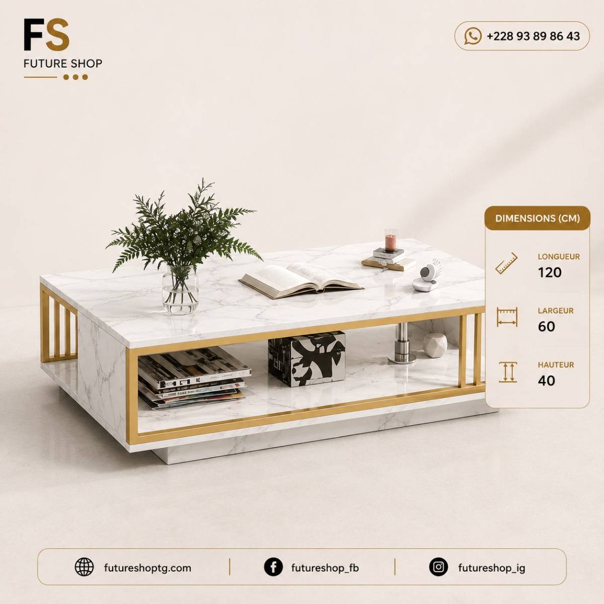 Table Basse Luxe & Moderne Effet Marbre avec Structure Dorée et Étagère de Rangement