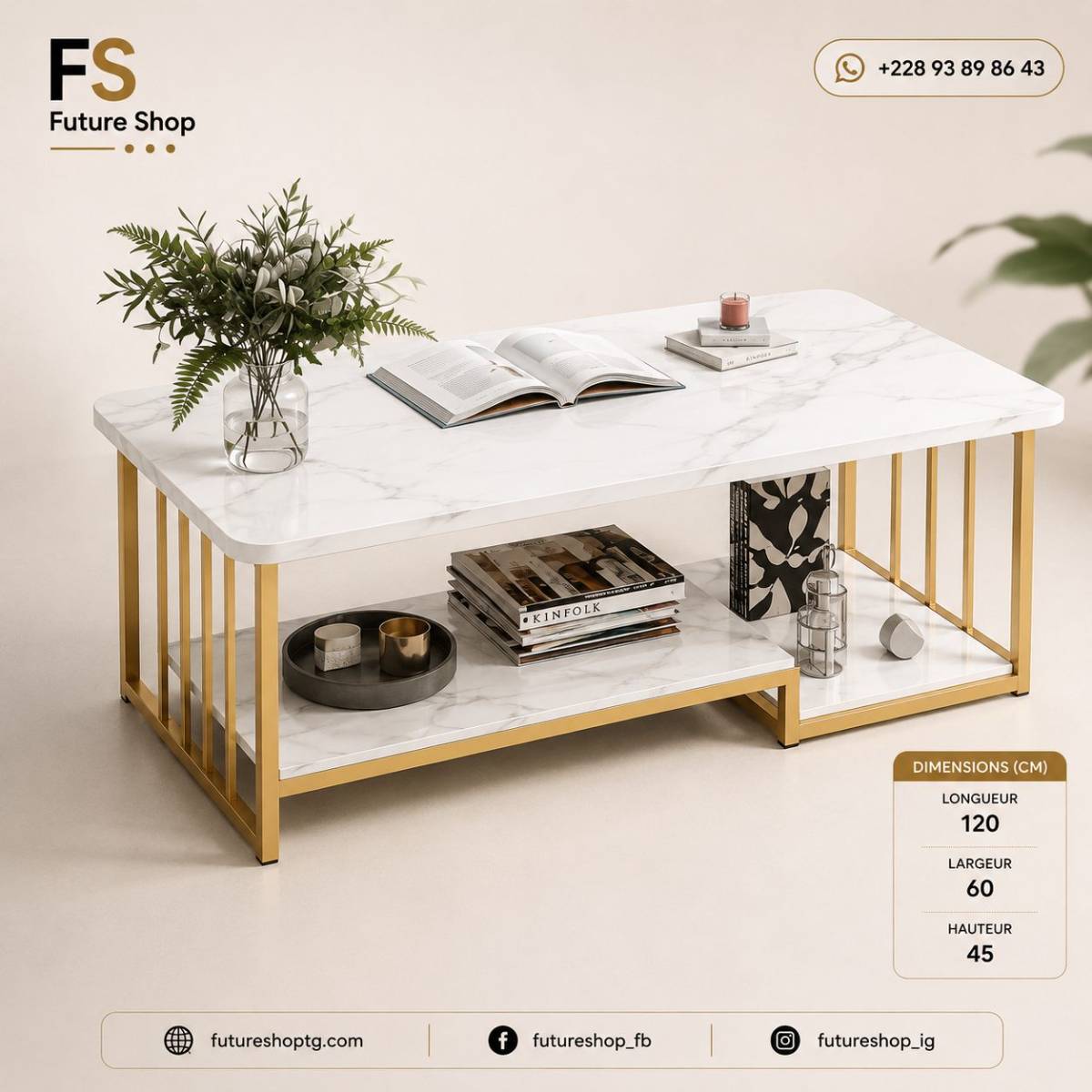 Table Basse Luxe & Moderne Effet Marbre avec Structure Dorée