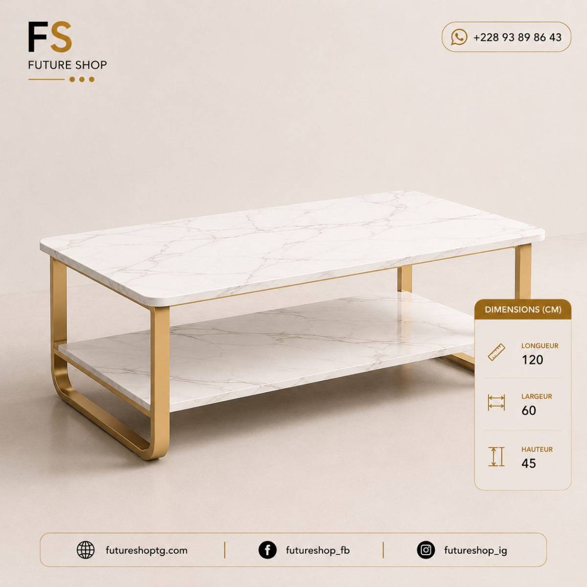 TABLE BASSE ÉLÉGANCE & MODERNITÉ – Effet Marbre et Structure Métallique Dorée