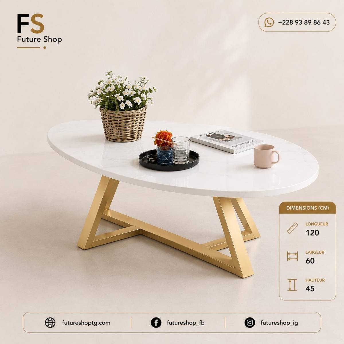 Table Basse Élégance Naturelle Effet Marbre avec Structure Dorée