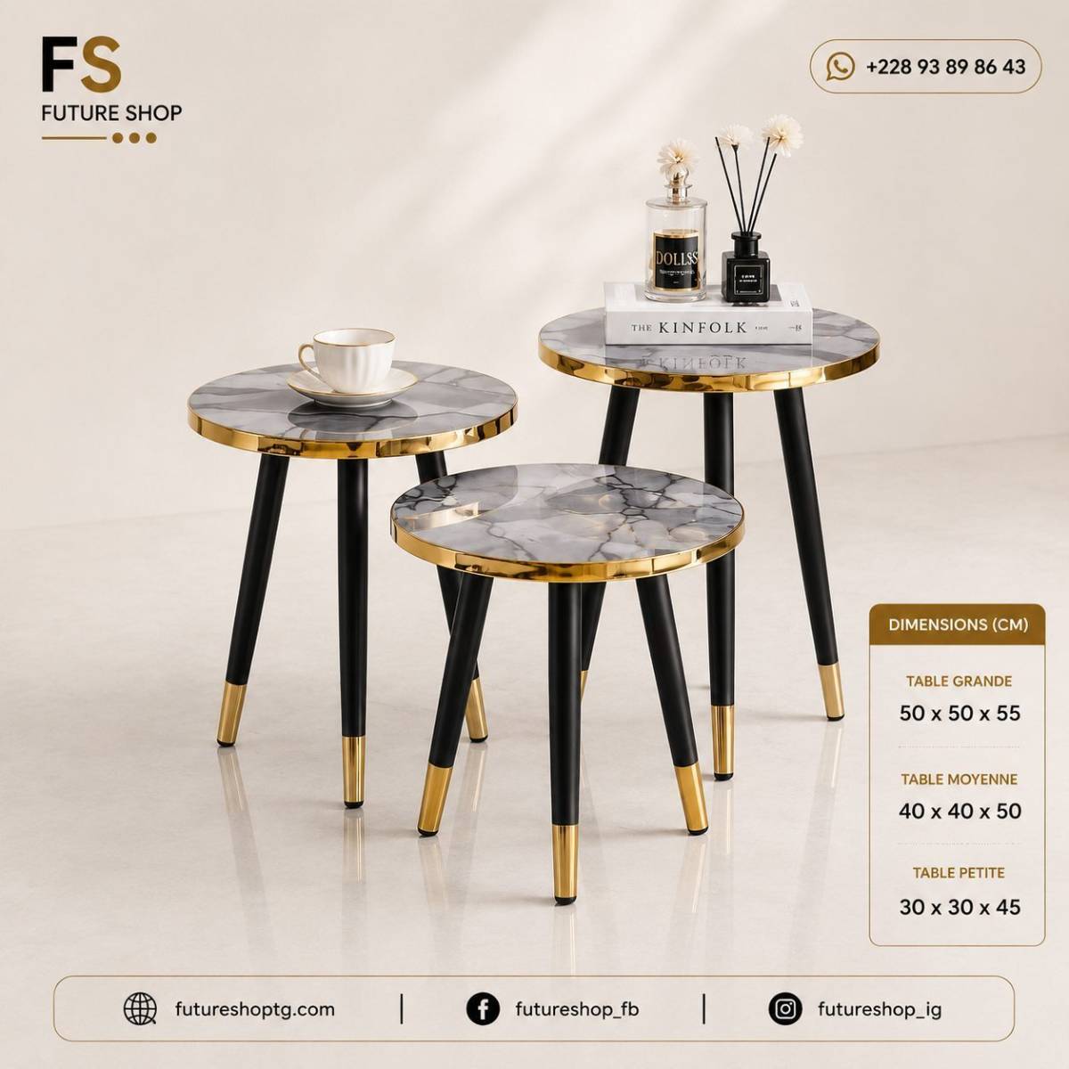 Tables Gigognes Élégance en 3 – Ensemble de 3 Tables d’Appoint Effet Marbre et Finitions Dorées