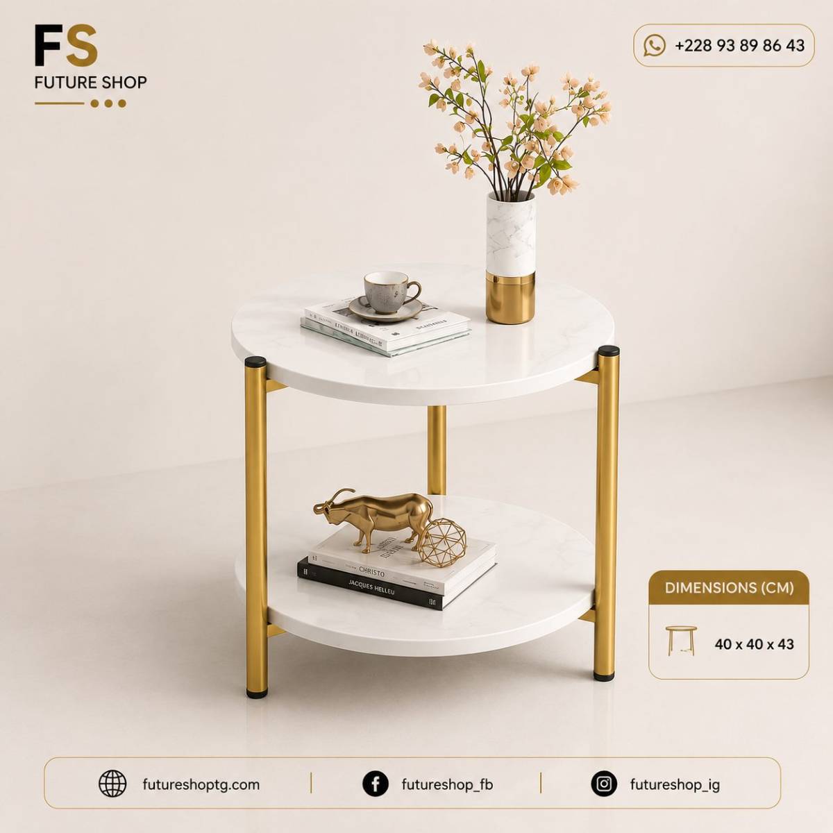 Table d’Appoint 2 Niveaux Blanche et Dorée – Design Moderne avec Double Plateau