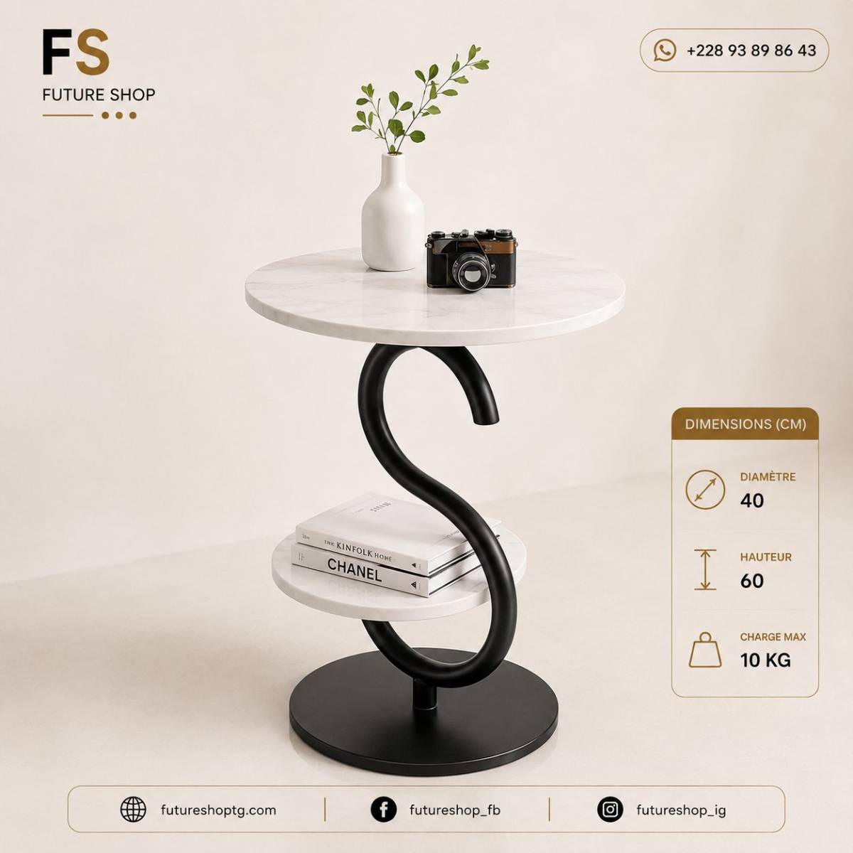 Table d’Appoint Élégance en S – Double Plateau Blanc et Noir
