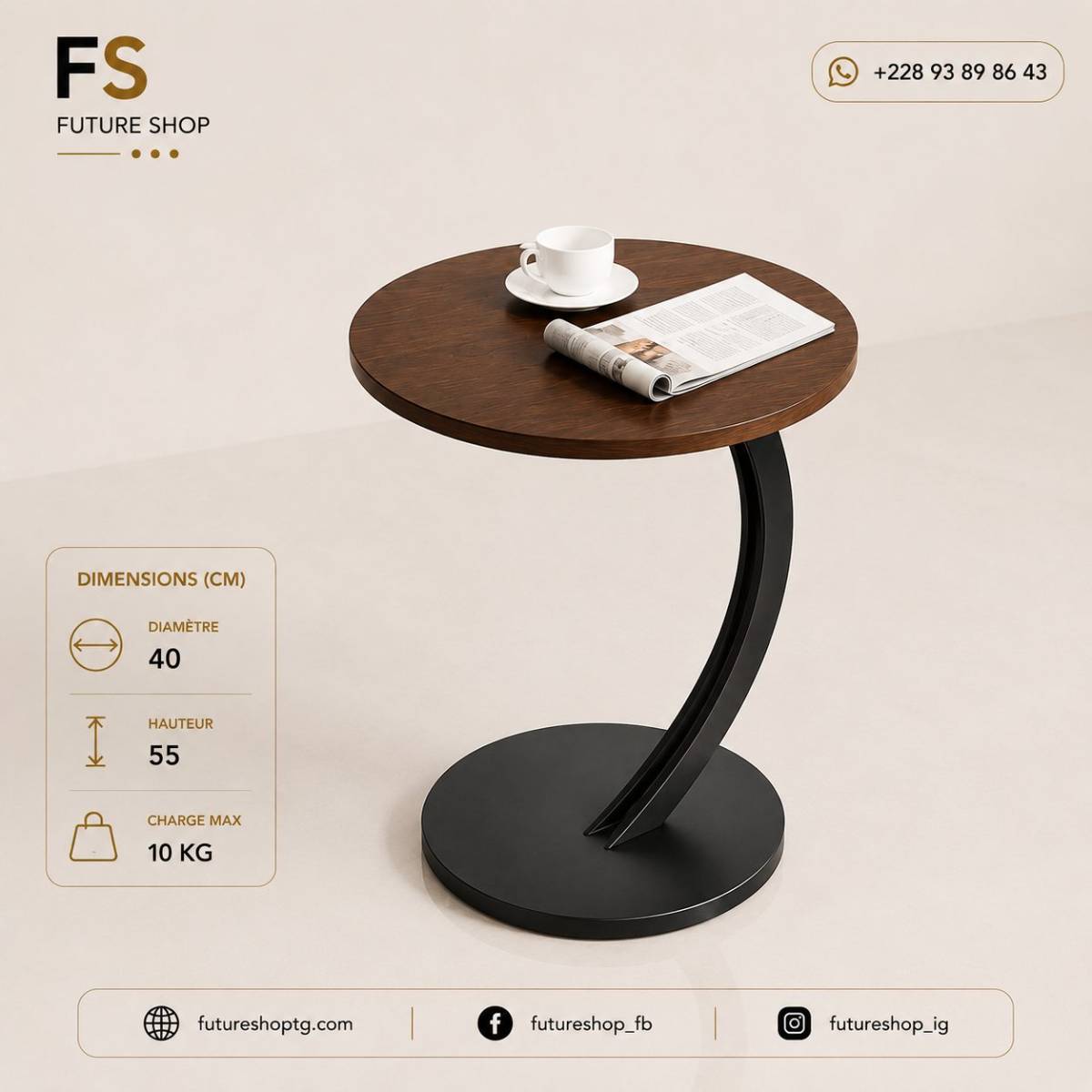 Table d’Appoint Moderne Compacte – Plateau Bois & Structure Métal Noir