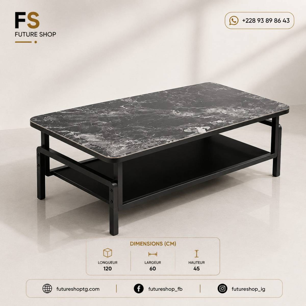 Table Basse Premium Effet Marbre avec Étagère de Rangement
