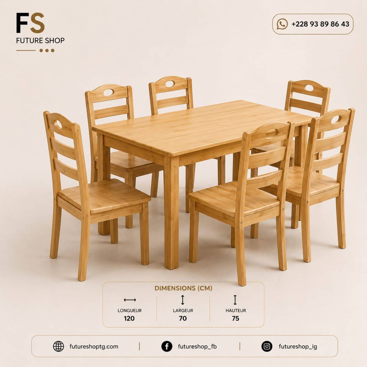 Table à Manger en Bambou Massif avec 4 Chaises – Ensemble Salle à Manger Naturel