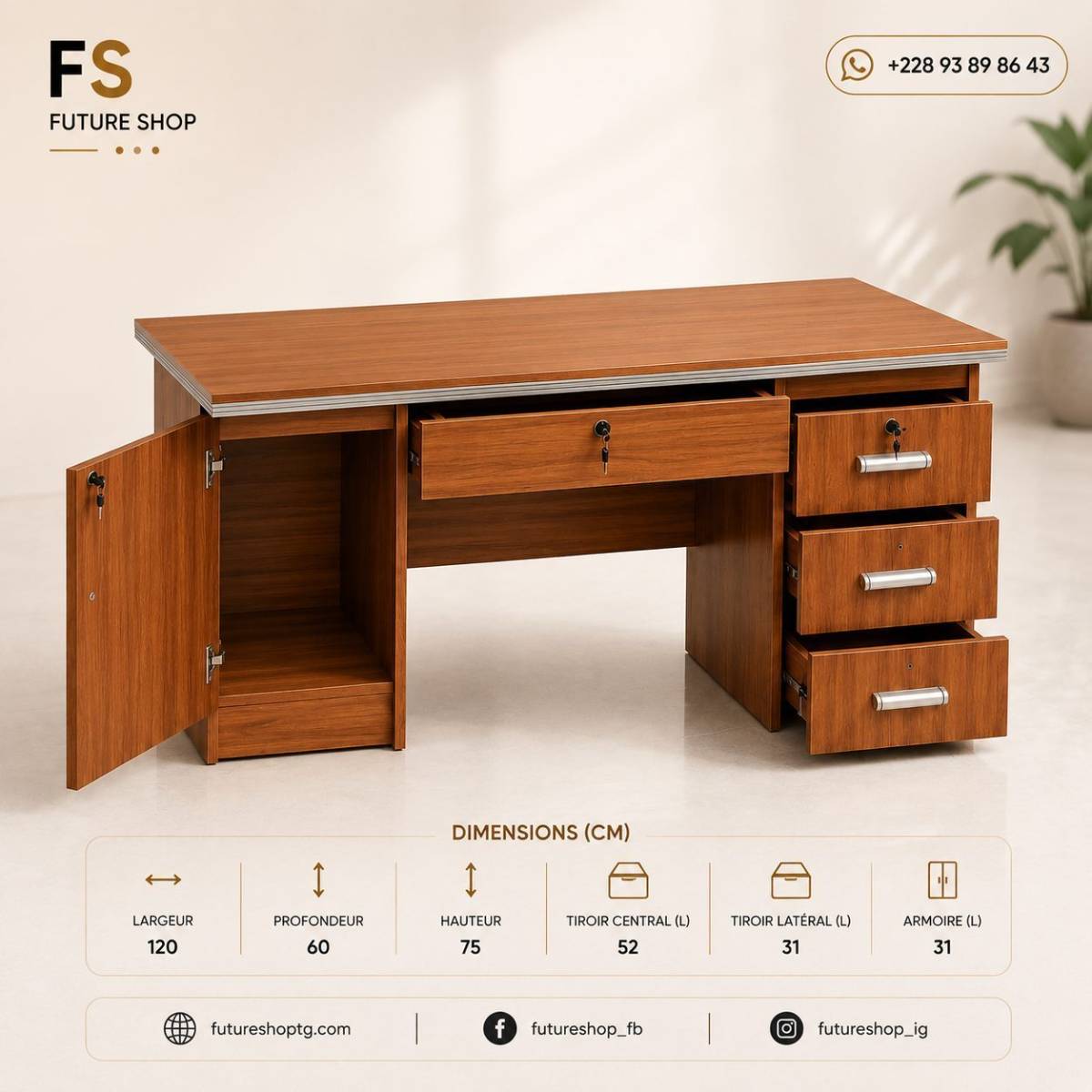 Bureau Professionnel en Bois avec Rangements Sécurisés
