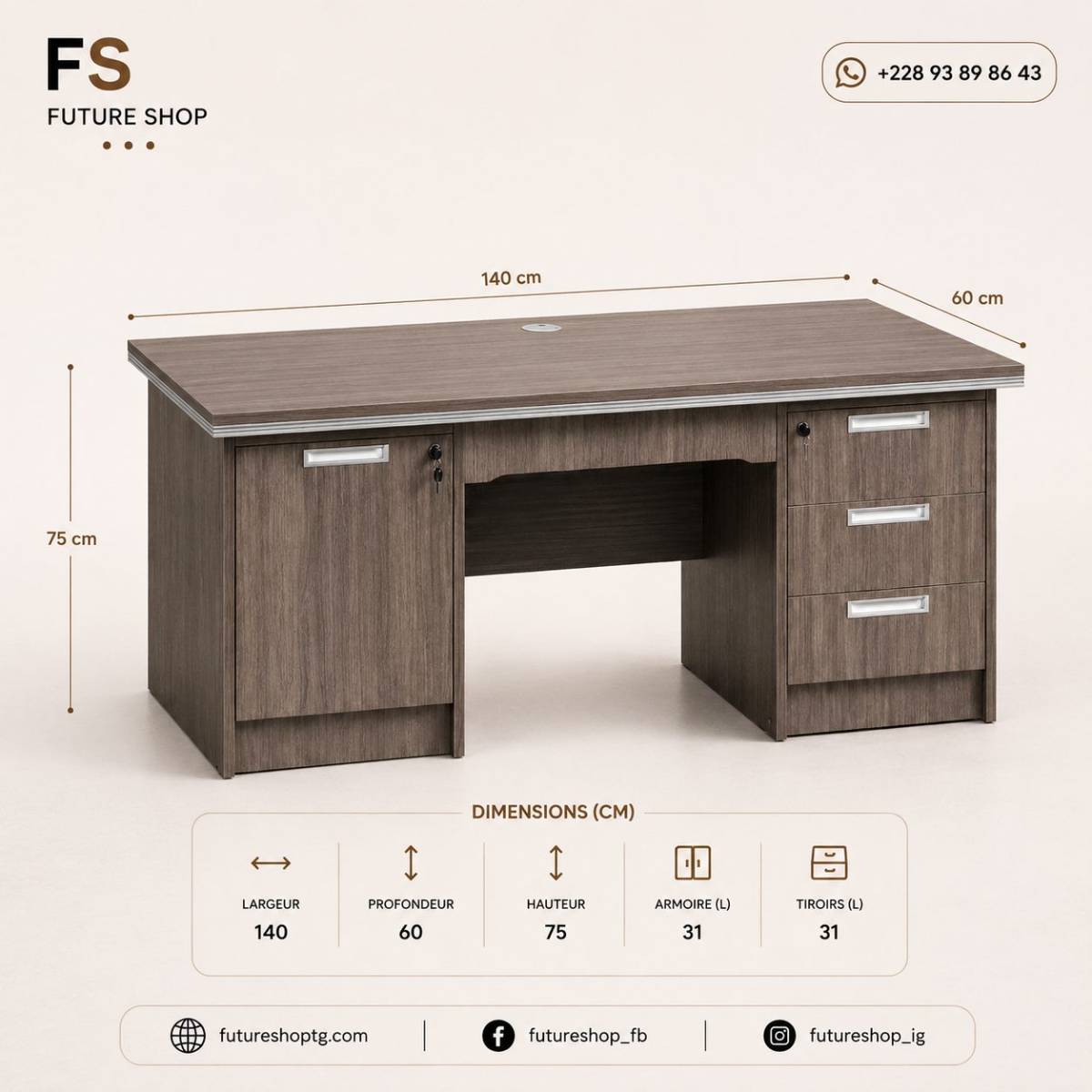 Bureau Professionnel en Bois avec Rangements Sécurisés